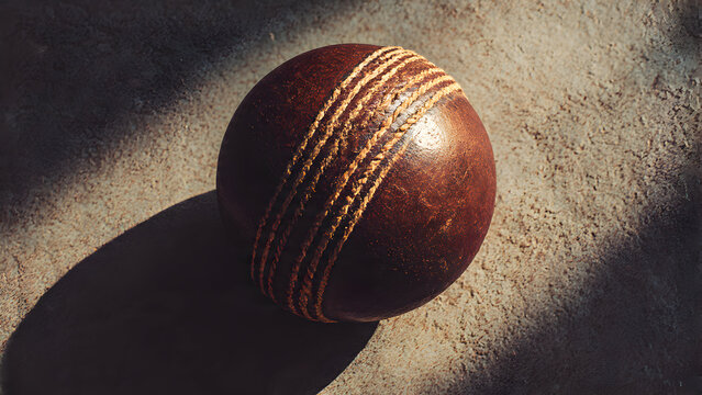 Overhead drone shot of complete cricket kit spread on grass: bat, ball, gloves, pads, helmet arranged artistically