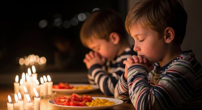 Two children praying before dinner with candles in the evening  