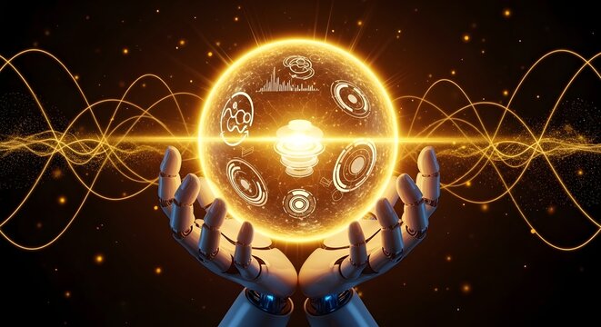 Robotic hand holding digital earth globe with network connections, artificial intelligence concept.