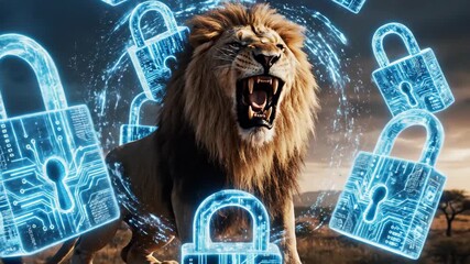A roaring lion surrounded by glowing digital padlocks, symbolizing security and protection. - Powered by Adobe