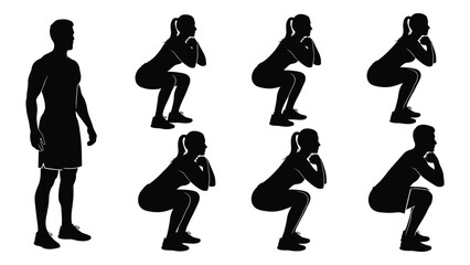 Squat exercise silhouettes isolated on white background, Vector