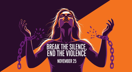 Empowering illustration of a woman breaking free from chains, symbolizing hope, courage, and ending violence on November 25th