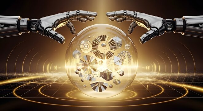 Robotic hand holding digital earth globe with network connections, artificial intelligence concept.