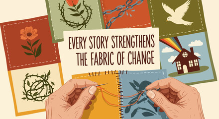 Empowering message of change and resilience visualized through hands stitching a tapestry of hope and symbolism for a brighter future