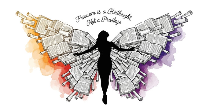 Woman silhouette with open arms and book wings symbolizes freedom, knowledge, and empowerment with inspirational quote - Powered by Adobe