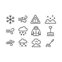 Winter Weather Hazard Icons – Wind Snow Jacket Warning Outline Vector Set
