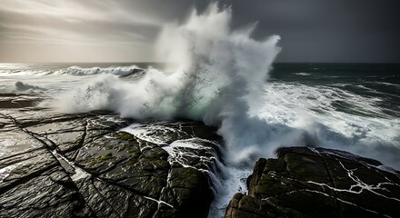 Dramatic ocean waves crash against rugged, rocky shores under a stormy sky