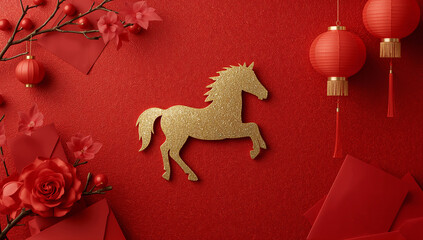 Golden Horse on Red Background — Chinese New Year 2026 Festive Still Life