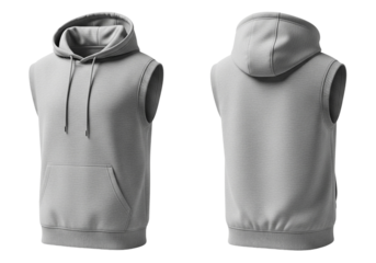Front and back view of a grey sleeveless hoodie isolated on transparent background