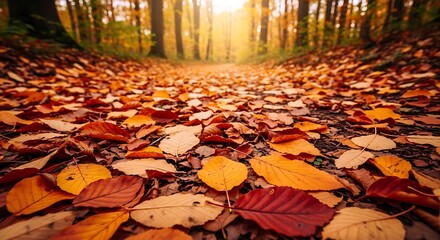 Golden and red autumn leaves carpet a serene forest path, illuminated by warm sunlight filtering through the trees, creating a beautiful and tranquil seasonal landscape