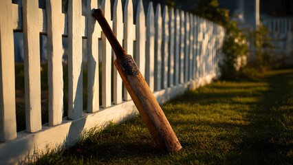 Ultra-realistic cricket bat with worn leather grip resting against white picket fence, golden hour sunlight casting long shadows on freshly mowed grass