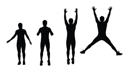 Jumping jack exercise sequence silhouette isolated on white background, Vector