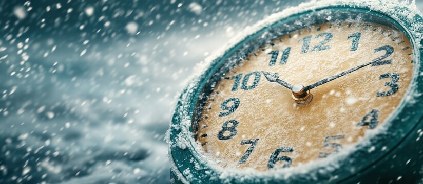Large wall clock completely frozen. Time and global economy concept.