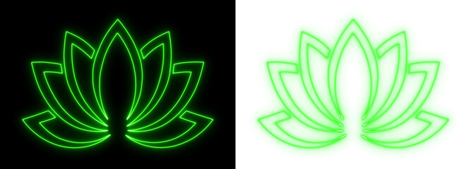 Glowing neon lotus symbol in green on dark and transparent backgrounds, minimalist spiritual floral line art design