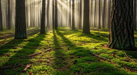 Sunbeams pierce through forest canopy, illuminating mossy forest floor
