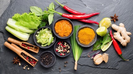 spice. Assortment of fresh Asian ingredients displayed on a rustic stone surface, captured from above. menu design, packaging mockups, designed for culinary blogs and recipe cards for restaurants.