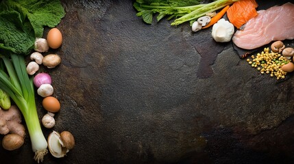 spice. Assortment of fresh Asian ingredients displayed on a rustic stone surface, captured from above. menu design, packaging mockups, designed for culinary blogs and recipe cards for restaurants.