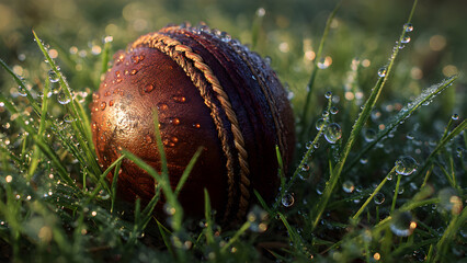 Vintage leather cricket ball nestled in green grass with morning dew drops reflecting sunrise colors
