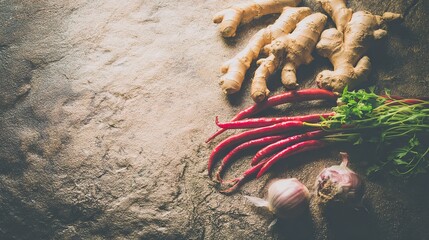 spice. Assortment of fresh Asian ingredients displayed on a rustic stone surface, captured from above. menu design, packaging mockups, designed for culinary blogs and recipe cards for restaurants.