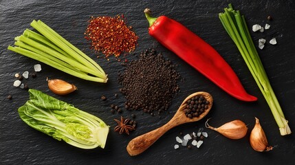 spice. Assortment of fresh Asian ingredients displayed on a rustic stone surface, captured from above. menu design, packaging mockups, designed for culinary blogs and recipe cards for restaurants.