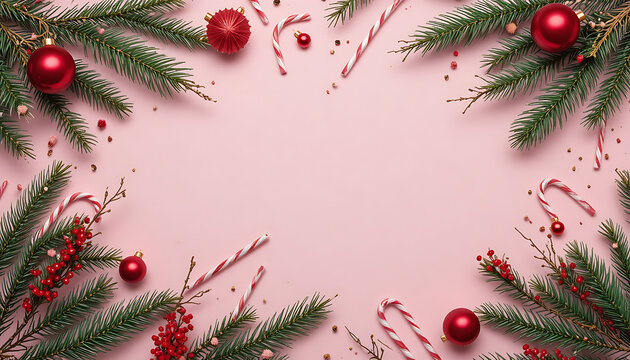 Festive Christmas Decorations with Pine Branches Red Ornaments Candy Canes on Pink Background