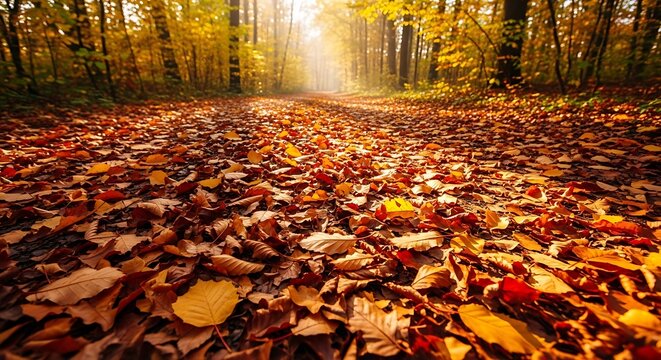 Autumn leaves carpet a forest path, bathed in sunlight, creating a scene of seasonal beauty and tranquility