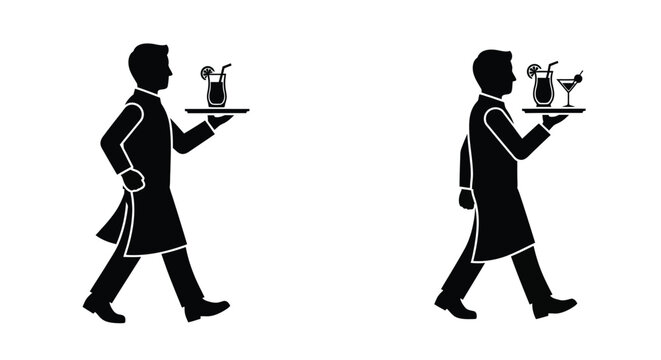 Two waiters in black coats carrying trays with drinks in silhouette