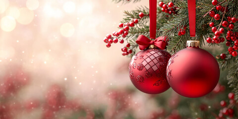 Red Christmas ornaments hanging on a fir branch with festive berries. Christmas background.