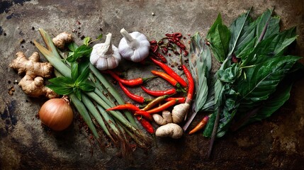 spice. Assortment of fresh Asian ingredients displayed on a rustic stone surface, captured from above. menu design, packaging mockups, designed for culinary blogs and recipe cards for restaurants.