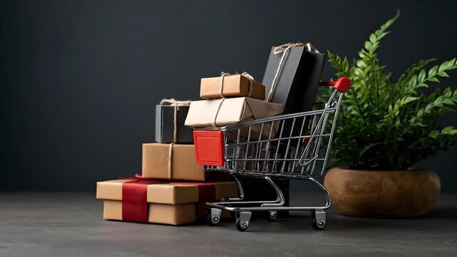 A miniature metal shopping cart overflowing with wrapped gifts and a shopping bag next to more packages and a potted plant on a dark surface