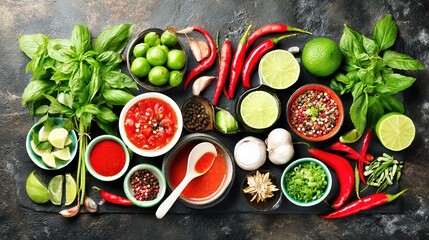 spice. Assortment of fresh Asian ingredients displayed on a rustic stone surface, captured from above. menu design, packaging mockups, designed for culinary blogs and recipe cards for restaurants.