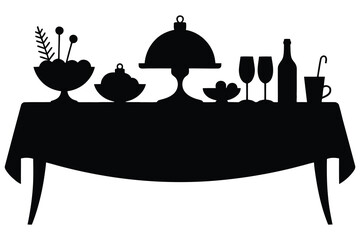 Festive Winter Dinner Table Vector Illustration – Elegant Christmas and New Year Celebration Feast Silhouette with Food, Drinks, and Decor, Holiday Party Dining Scene in Minimalist Style