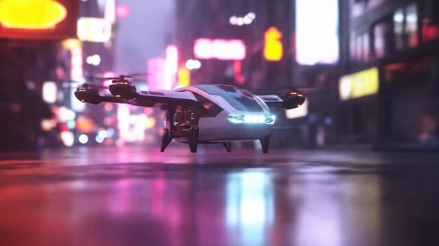 Futuristic flying vehicle hovers over wet city street at night with vibrant neon lights and reflections