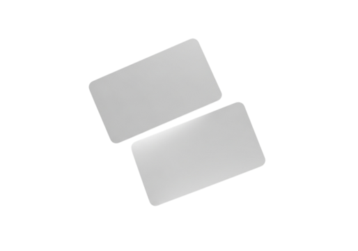 Two blank white plastic cards isolated on transparent background