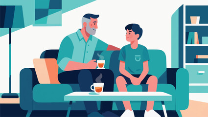 Illustration Of A Father And Son Drinking Tea Together Vector Design Template