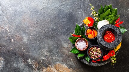 spice. Assortment of fresh Asian ingredients displayed on a rustic stone surface, captured from above. menu design, packaging mockups, designed for culinary blogs and recipe cards for restaurants.