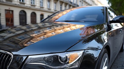 Fototapeta premium Sleek close-up of a freshly polished black car hood, capturing the crisp, clear reflection of a city building and the sky in its mirror finish.