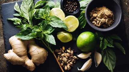 spice. Assortment of fresh Asian ingredients displayed on a rustic stone surface, captured from above. menu design, packaging mockups, designed for culinary blogs and recipe cards for restaurants.