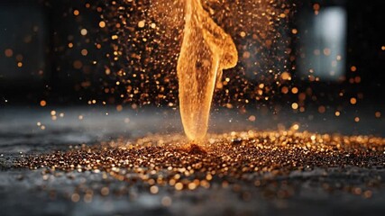 A plume of fiery orange particles erupts from a dark textured surface scattering glowing sparks that create a vibrant bokeh effect in a dimly lit space - Powered by Adobe