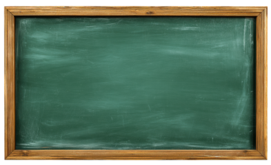 An empty green chalkboard with a wooden frame, isolated on transparent background. Perfect for educational design themes