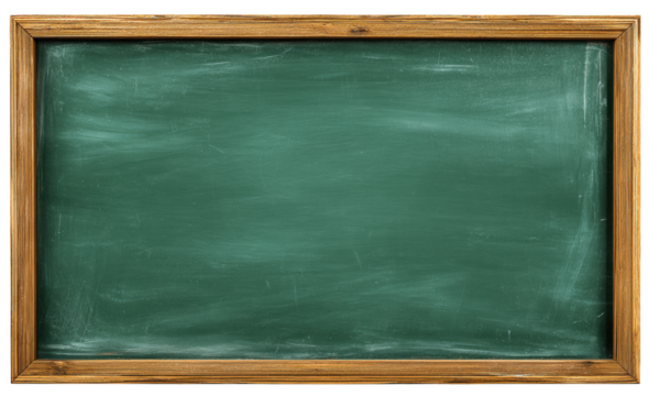 An empty green chalkboard with a wooden frame, isolated on transparent background. Perfect for educational design themes