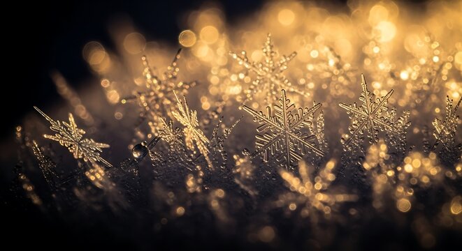 Golden light sparkles on delicate frosted grass blades at night creating a magical winter wonderland effect - Powered by Adobe