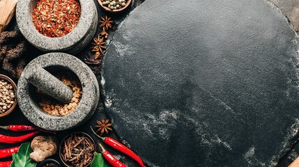 spice. Assortment of fresh Asian ingredients displayed on a rustic stone surface, captured from above. menu design, packaging mockups, designed for culinary blogs and recipe cards for restaurants.