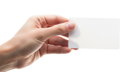 Hand holding a blank white business card isolated on transparent background