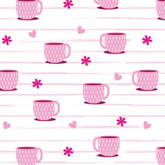 Seamless vector pattern with cute ceramic cup for coffee and tea. Doodle drawing of hand made distorted mug with hearts on pink background. Bizarre kitchen texture