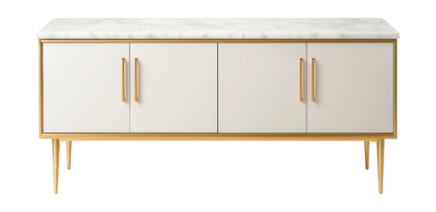 A marble-topped sideboard with gold accents, enhancing modern dining elegance.