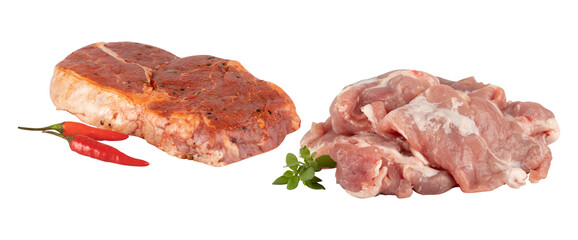 Sirloin steak seasoned with pepper and red chili peppers cut out isolated transparent background