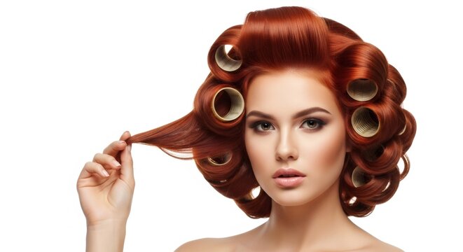 Woman with red hair and curlers pulling a strand of hair, beauty and hairstyling process for salon or cosmetic advertisement.