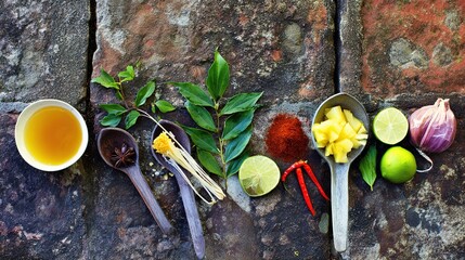 spice. Assortment of fresh Asian ingredients displayed on a rustic stone surface, captured from above. menu design, packaging mockups, designed for culinary blogs and recipe cards for restaurants.