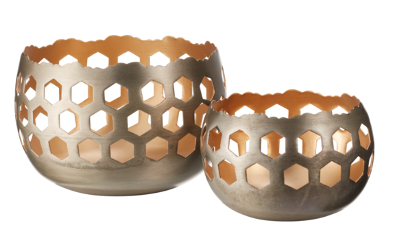 Candle holders, round shape, made of metal, placed in pairs, high and low cut out isolated transparent background